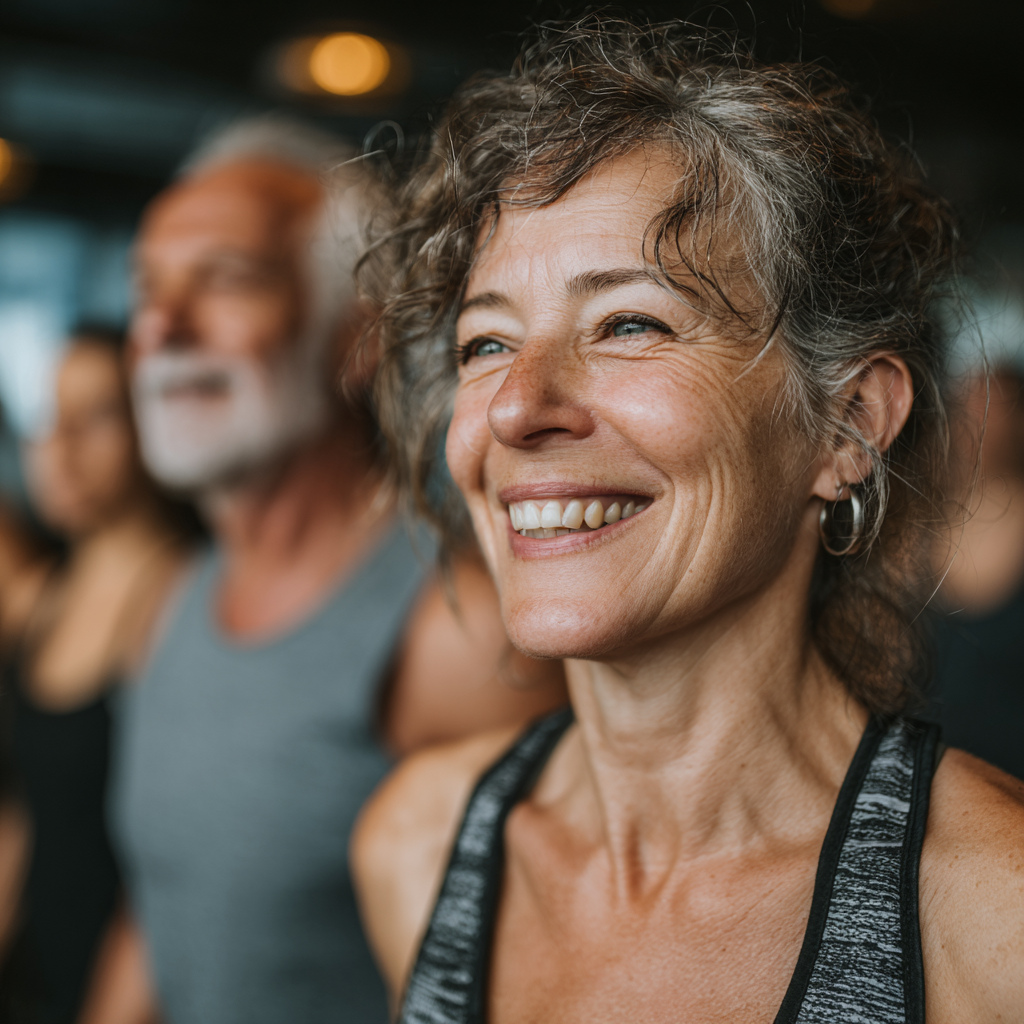 Group of active adults aged 45-52 exercising together in bright fitness studio, showing community spirit and motivation during group training session