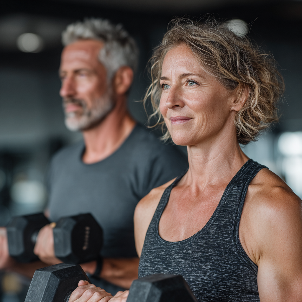 Mature man and woman in their late forties working out together with dumbbells in modern gym, showing determination and healthy lifestyle