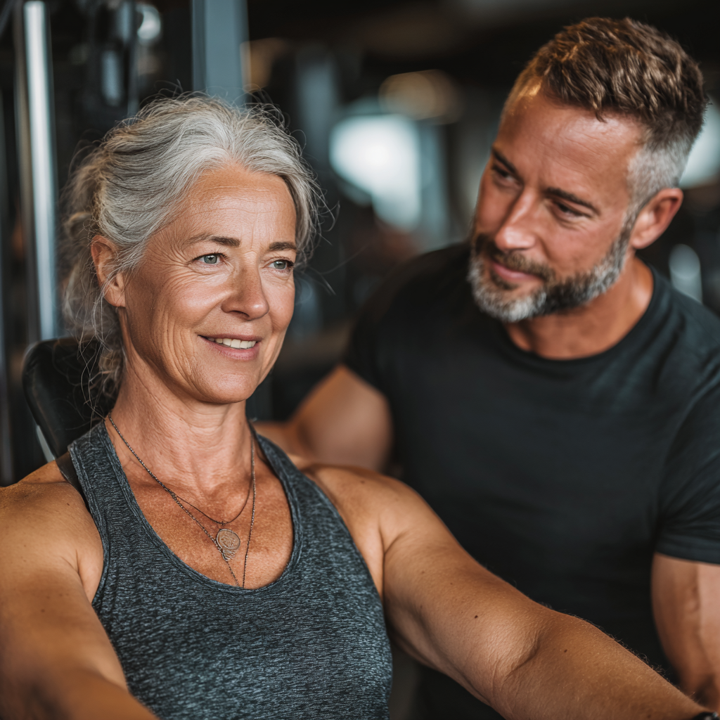 Professional fitness trainer working with mature client in fifties, personalized training session focused on proper form and technique